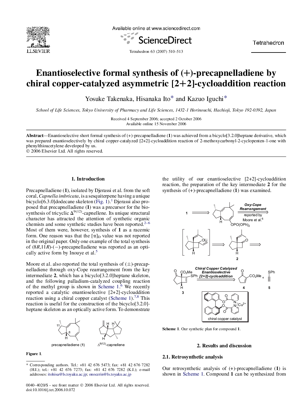 Enantioselective formal synthesis of (+)-precapnelladiene by chiral copper-catalyzed asymmetric [2+2]-cycloaddition reaction