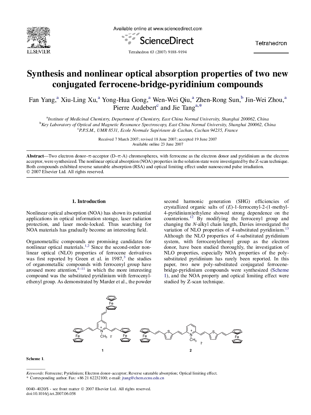 Synthesis and nonlinear optical absorption properties of two new conjugated ferrocene-bridge-pyridinium compounds