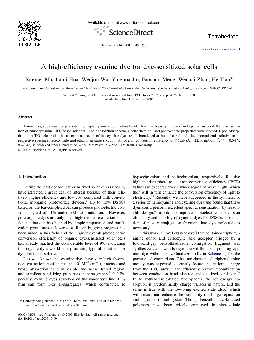 A high-efficiency cyanine dye for dye-sensitized solar cells