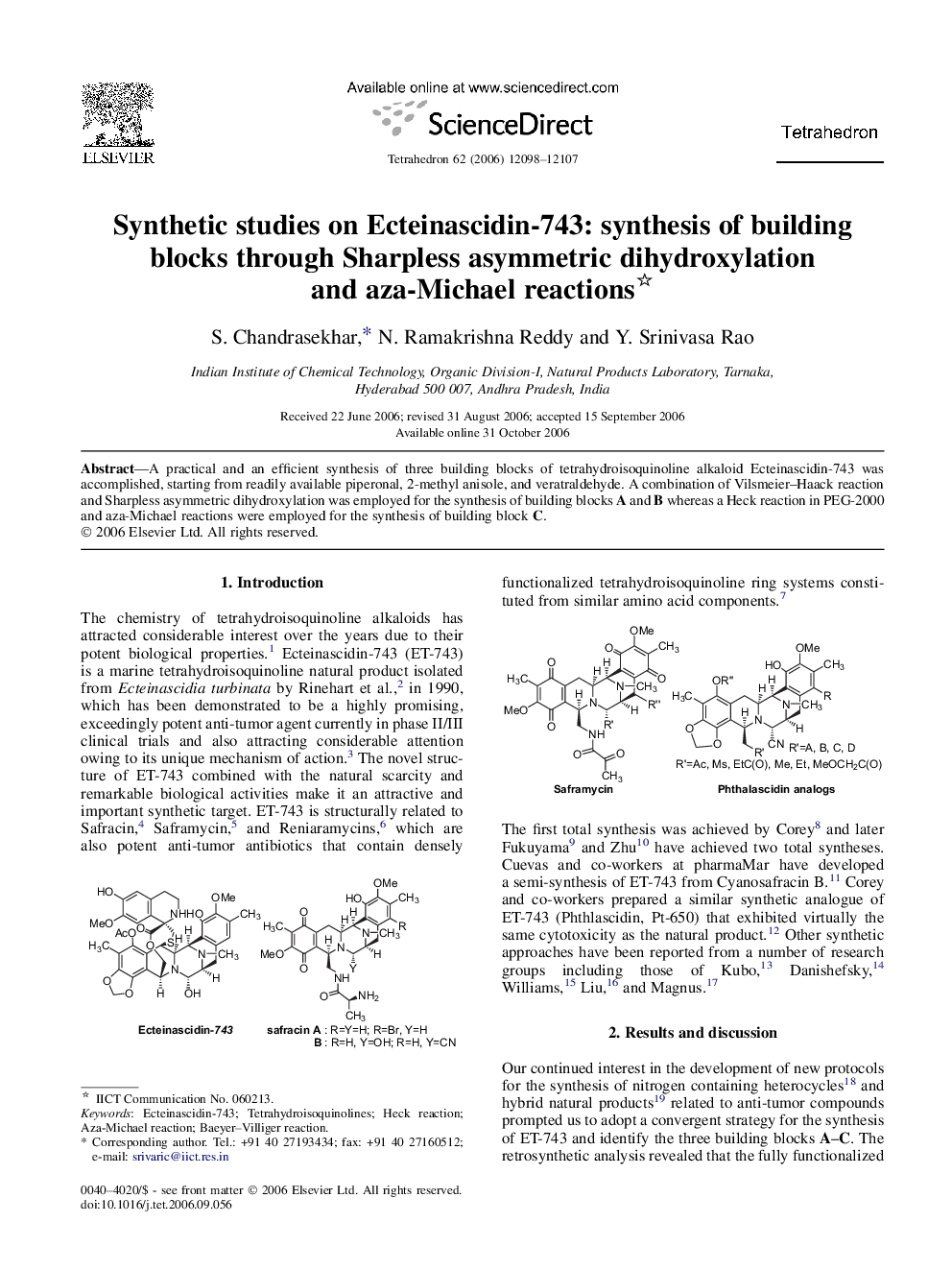 Synthetic studies on Ecteinascidin-743: synthesis of building blocks through Sharpless asymmetric dihydroxylation and aza-Michael reactions