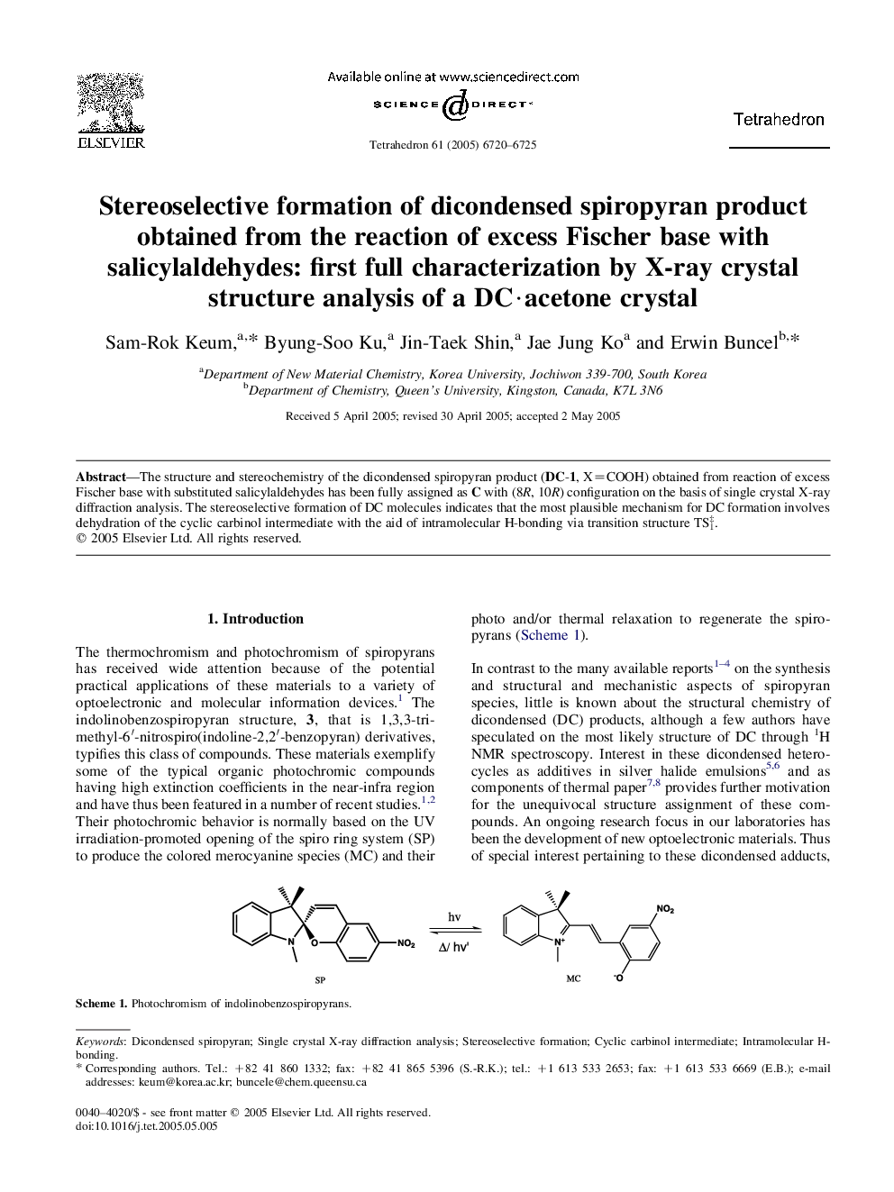 Stereoselective formation of dicondensed spiropyran product obtained from the reaction of excess Fischer base with salicylaldehydes: first full characterization by X-ray crystal structure analysis of a DCÂ·acetone crystal