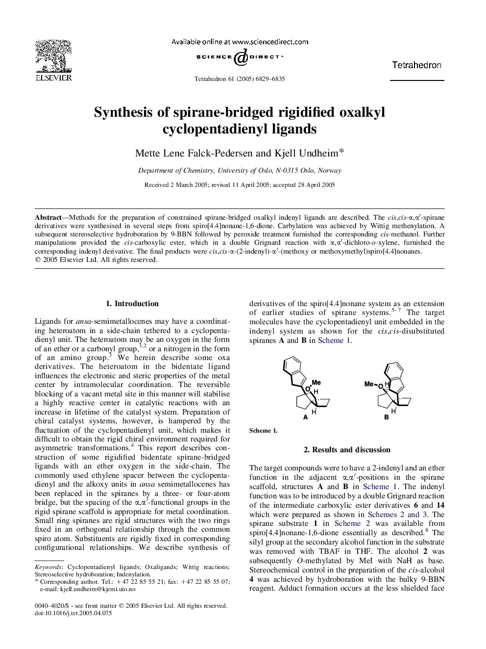 Synthesis of spirane-bridged rigidified oxalkyl cyclopentadienyl ligands