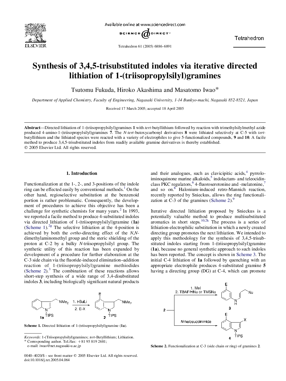 Synthesis of 3,4,5-trisubstituted indoles via iterative directed lithiation of 1-(triisopropylsilyl)gramines