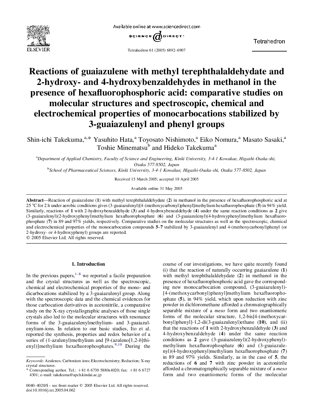 Reactions of guaiazulene with methyl terephthalaldehydate and 2-hydroxy- and 4-hydroxybenzaldehydes in methanol in the presence of hexafluorophosphoric acid: comparative studies on molecular structures and spectroscopic, chemical and electrochemical prope