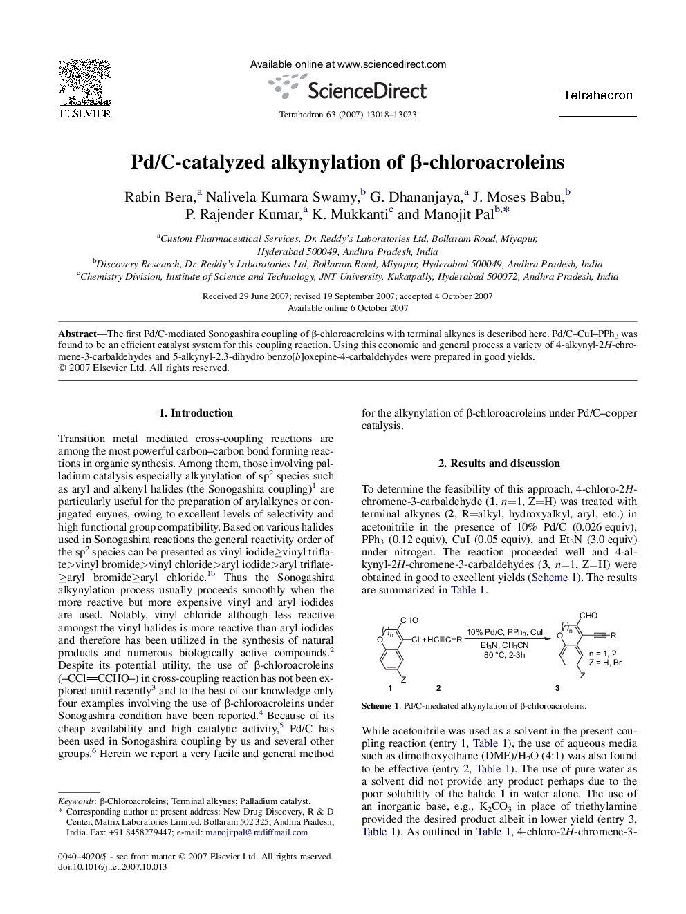 Pd/C-catalyzed alkynylation of Î²-chloroacroleins