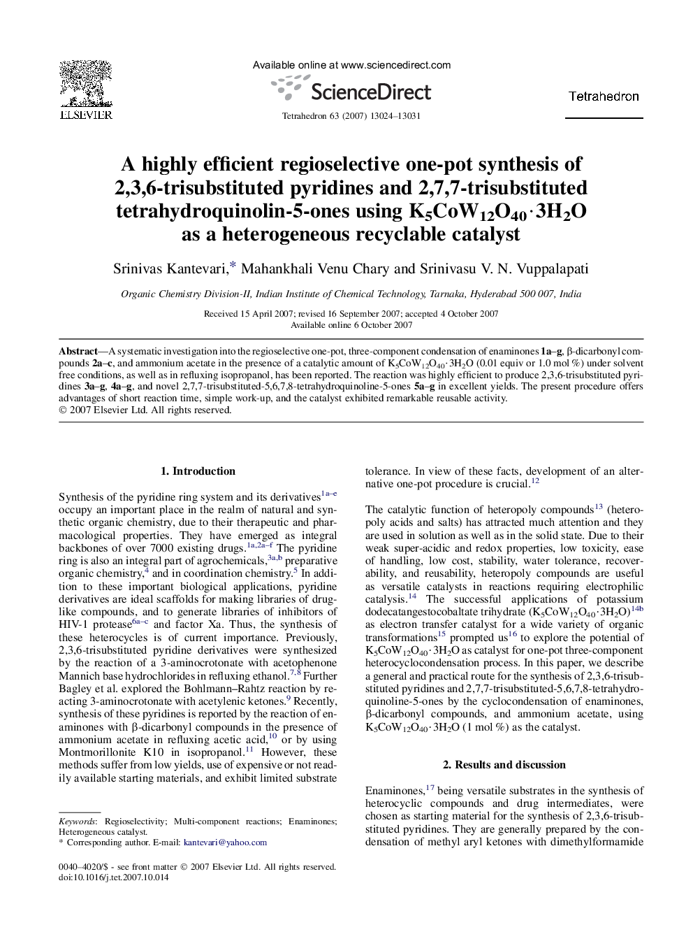 A highly efficient regioselective one-pot synthesis of 2,3,6-trisubstituted pyridines and 2,7,7-trisubstituted tetrahydroquinolin-5-ones using K5CoW12O40Â·3H2O as a heterogeneous recyclable catalyst