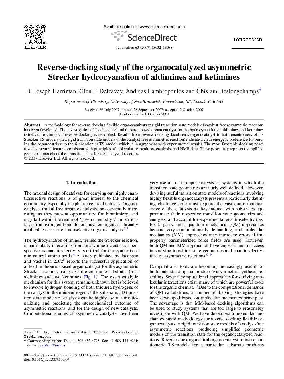 Reverse-docking study of the organocatalyzed asymmetric Strecker hydrocyanation of aldimines and ketimines