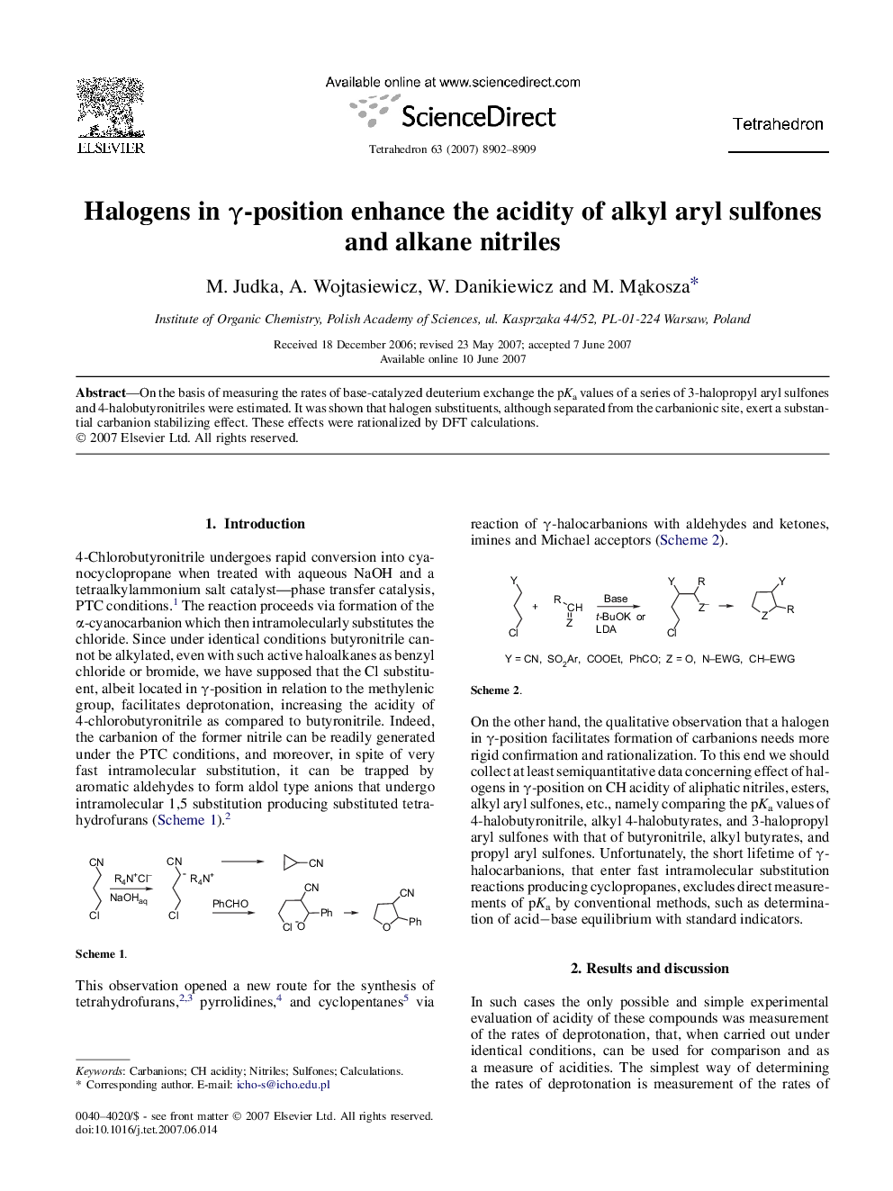 Halogens in Î³-position enhance the acidity of alkyl aryl sulfones and alkane nitriles