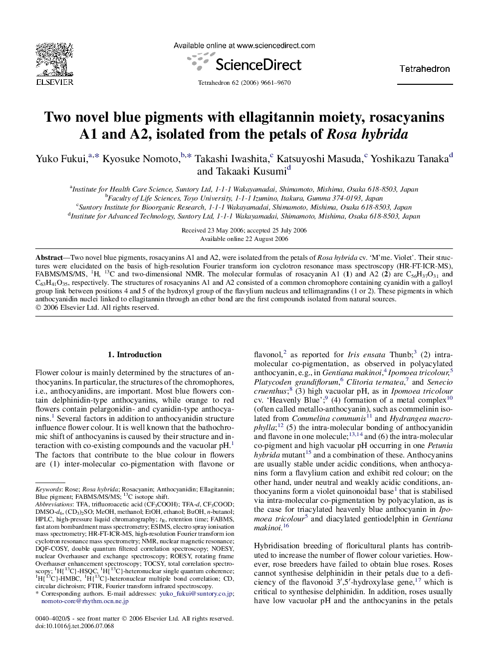 Two novel blue pigments with ellagitannin moiety, rosacyanins A1 and A2, isolated from the petals of Rosa hybrida