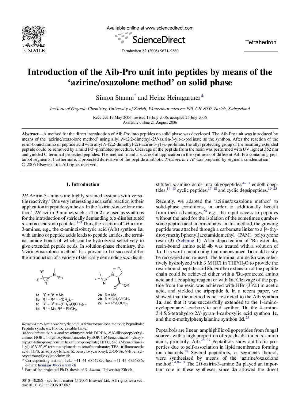 Introduction of the Aib-Pro unit into peptides by means of the 'azirine/oxazolone method' on solid phase