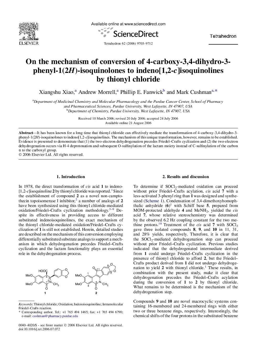 On the mechanism of conversion of 4-carboxy-3,4-dihydro-3-phenyl-1(2H)-isoquinolones to indeno[1,2-c]isoquinolines by thionyl chloride