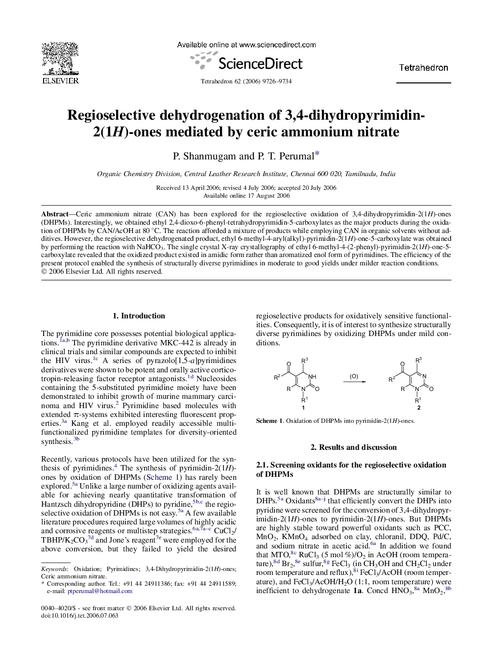 Regioselective dehydrogenation of 3,4-dihydropyrimidin-2(1H)-ones mediated by ceric ammonium nitrate