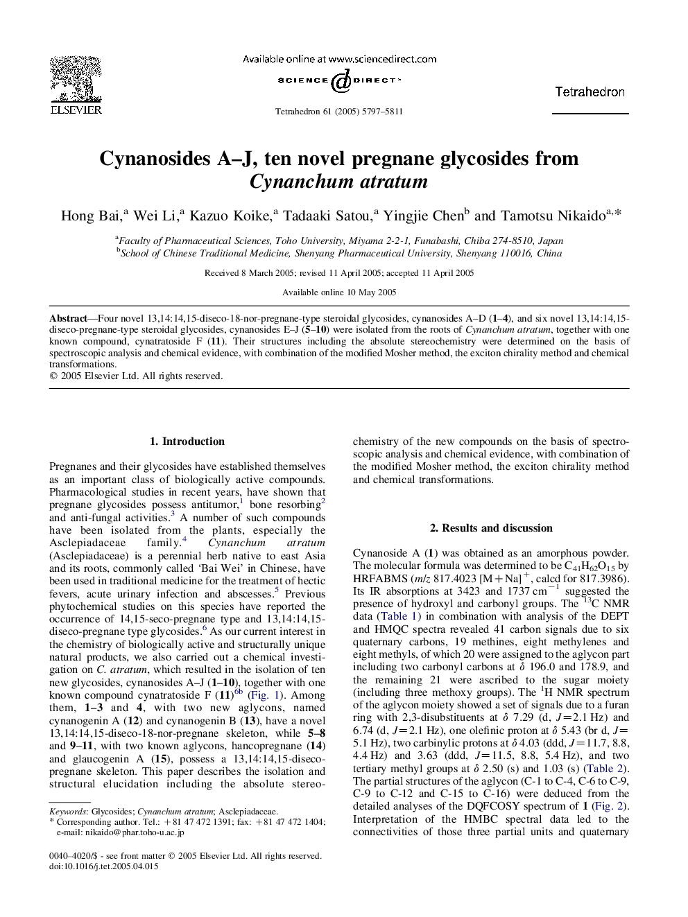 Cynanosides A-J, ten novel pregnane glycosides from Cynanchum atratum