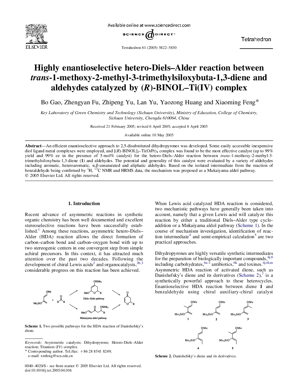 Highly enantioselective hetero-Diels-Alder reaction between trans-1-methoxy-2-methyl-3-trimethylsiloxybuta-1,3-diene and aldehydes catalyzed by (R)-BINOL-Ti(IV) complex