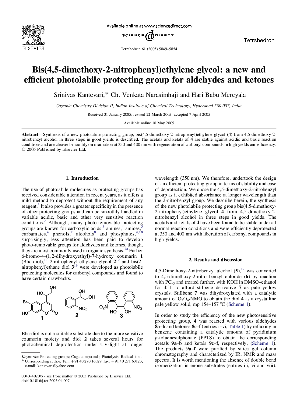 Bis(4,5-dimethoxy-2-nitrophenyl)ethylene glycol: a new and efficient photolabile protecting group for aldehydes and ketones