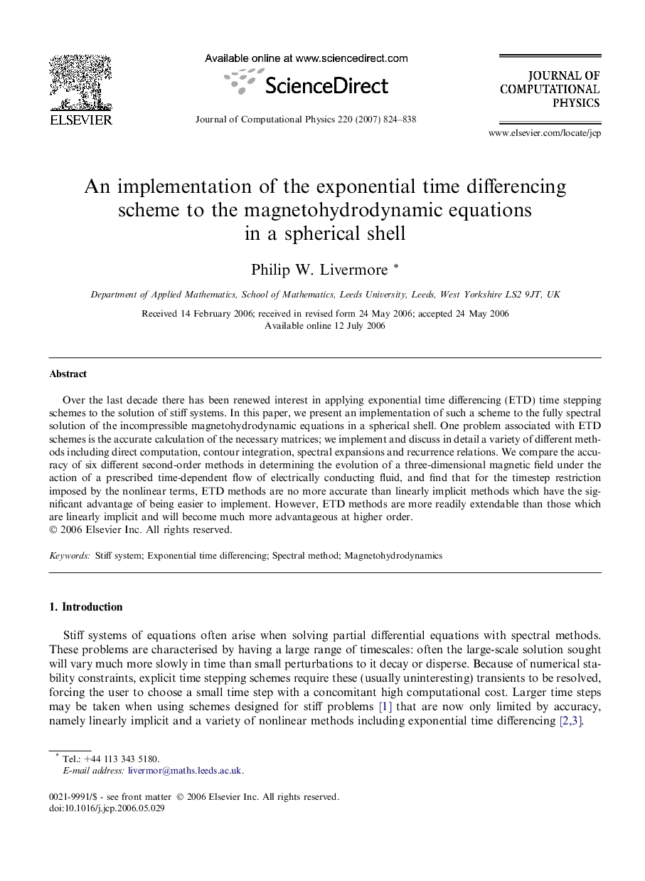 An implementation of the exponential time differencing scheme to the magnetohydrodynamic equations in a spherical shell