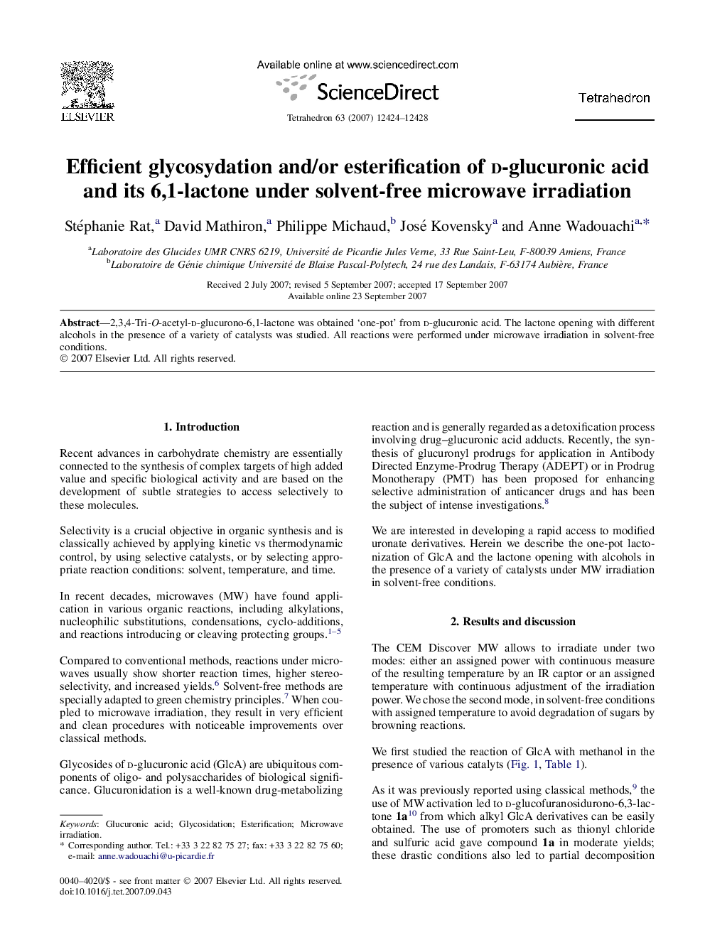Efficient glycosydation and/or esterification of d-glucuronic acid and its 6,1-lactone under solvent-free microwave irradiation