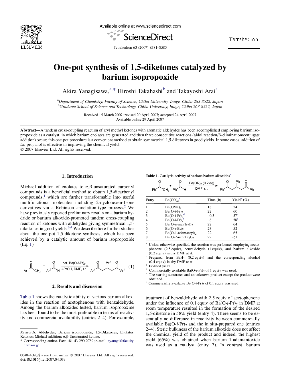 One-pot synthesis of 1,5-diketones catalyzed by barium isopropoxide