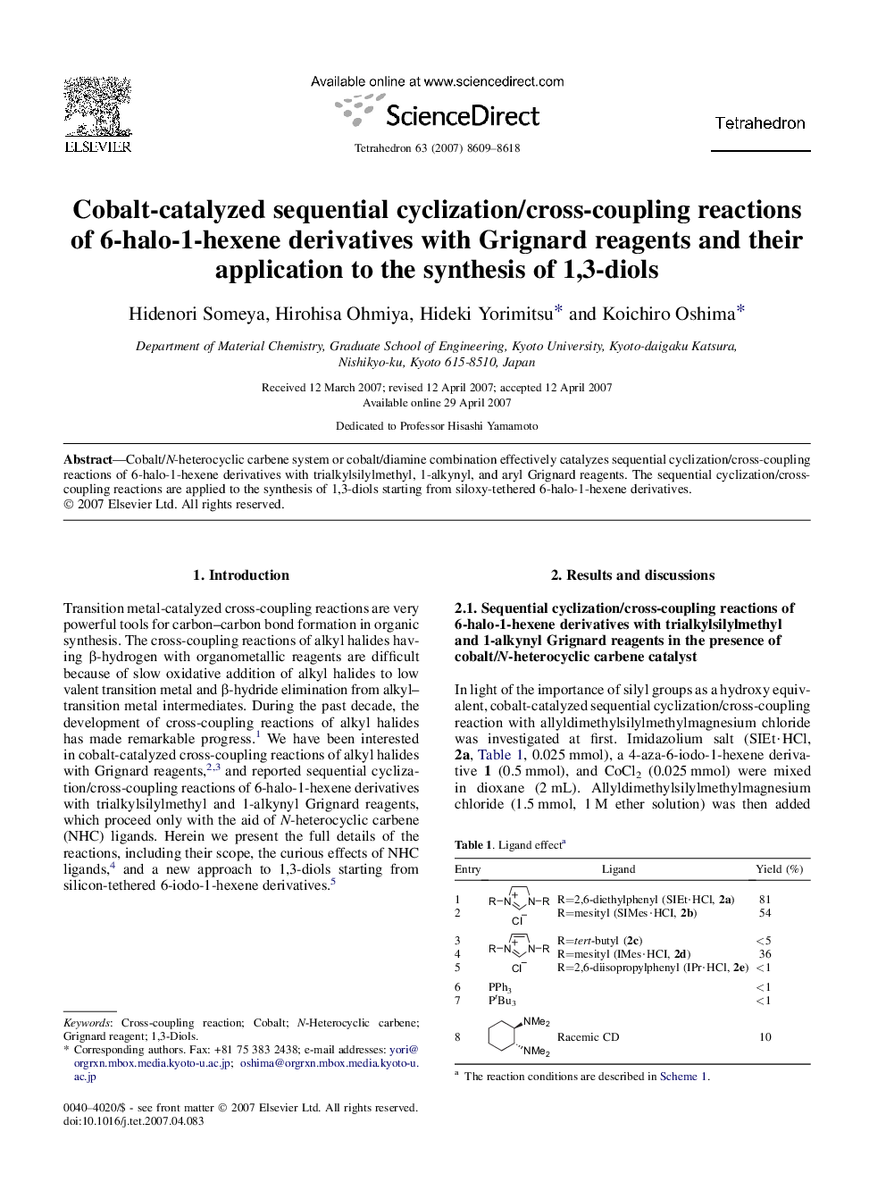 Cobalt-catalyzed sequential cyclization/cross-coupling reactions of 6-halo-1-hexene derivatives with Grignard reagents and their application to the synthesis of 1,3-diols