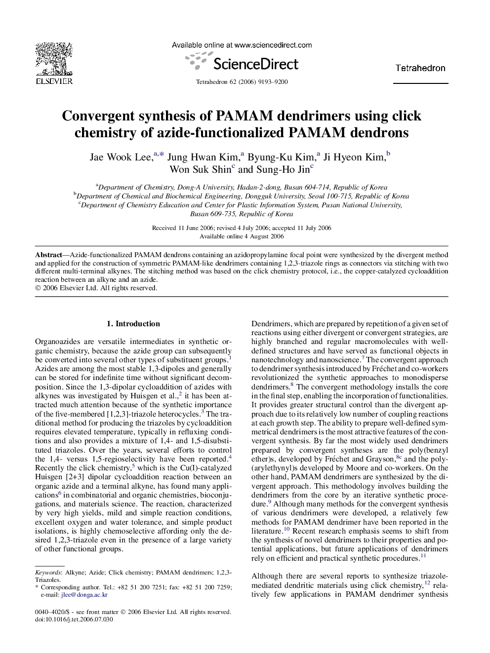 Convergent synthesis of PAMAM dendrimers using click chemistry of azide-functionalized PAMAM dendrons