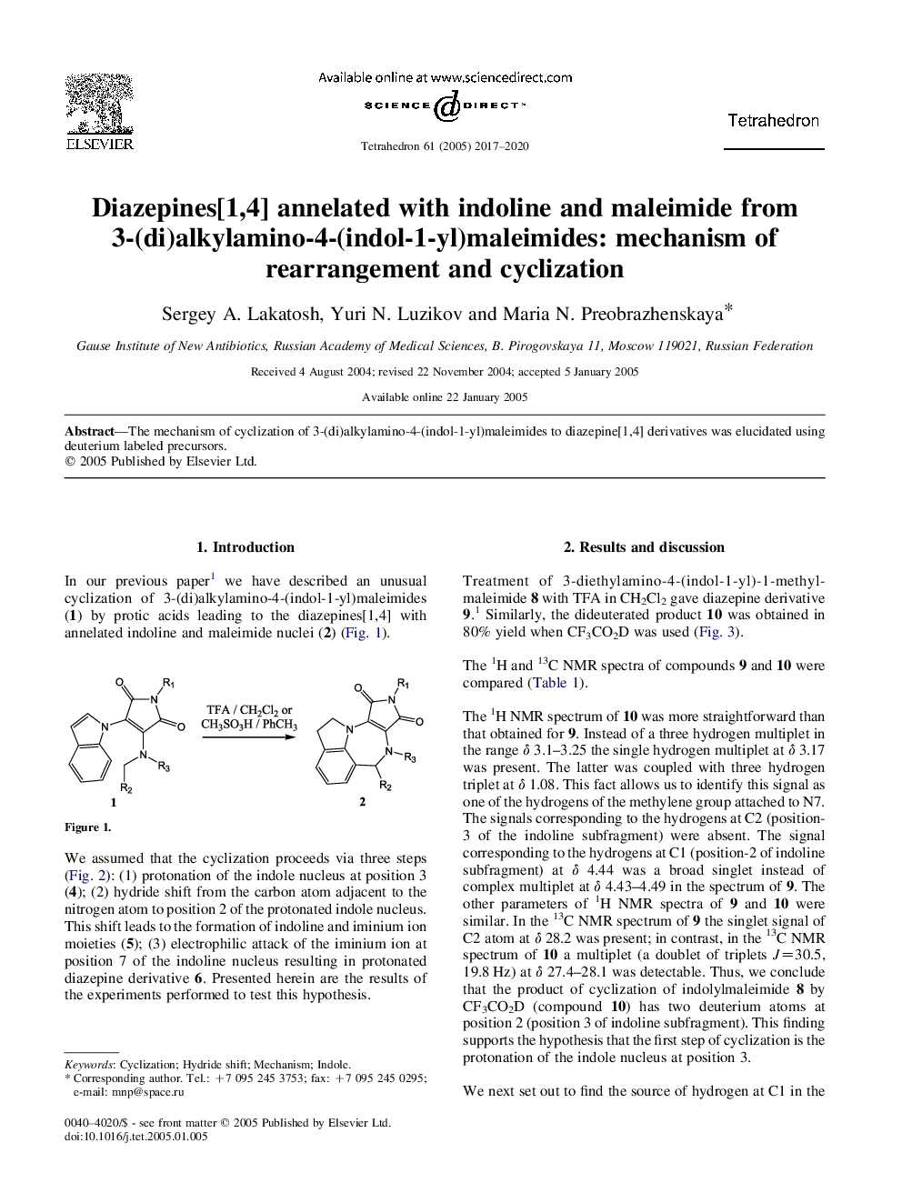 دیازپین ها [1،4] با اندولین و مالیمید از 3 (دی) آلکیل آمینو -4- (اندول-1-ییل) ماریامینید: مکانیسم بازسازی و سیکلیس شدن 