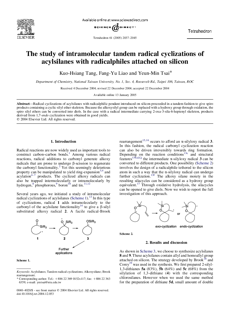 The study of intramolecular tandem radical cyclizations of acylsilanes with radicalphiles attached on silicon