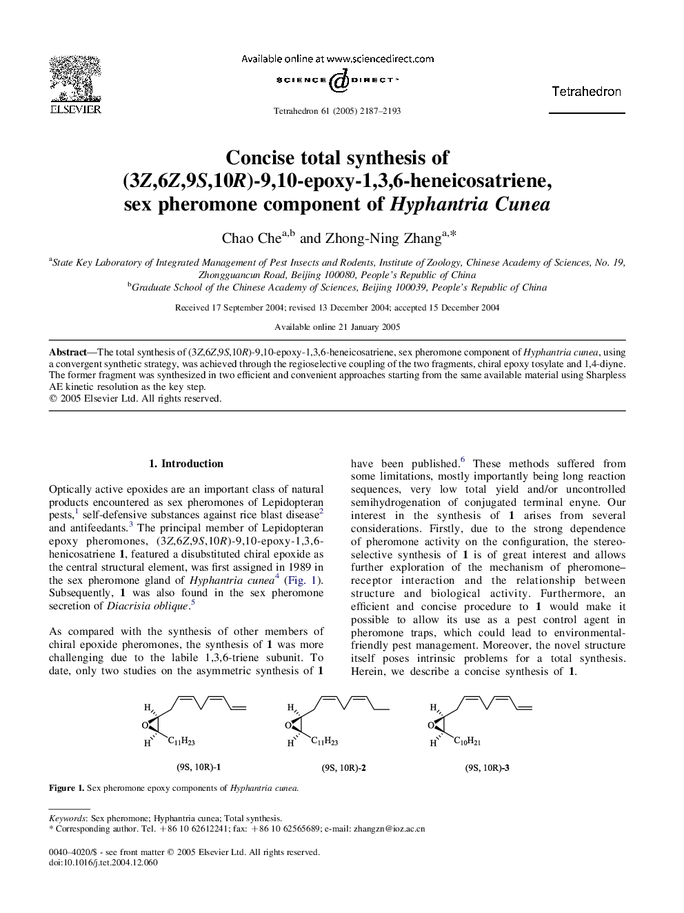 Concise total synthesis of (3Z,6Z,9S,10R)-9,10-epoxy-1,3,6-heneicosatriene, sex pheromone component of Hyphantria Cunea