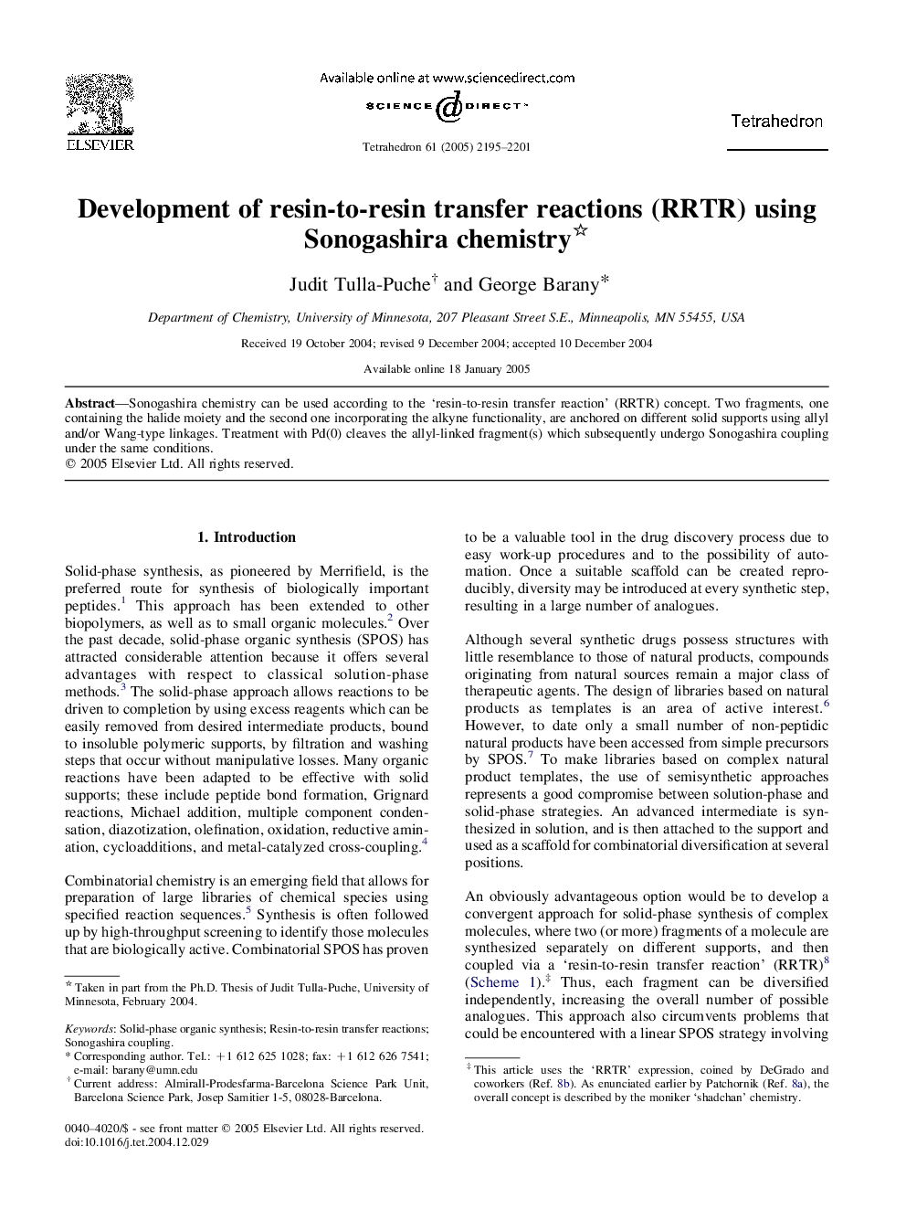 Development of resin-to-resin transfer reactions (RRTR) using Sonogashira chemistry