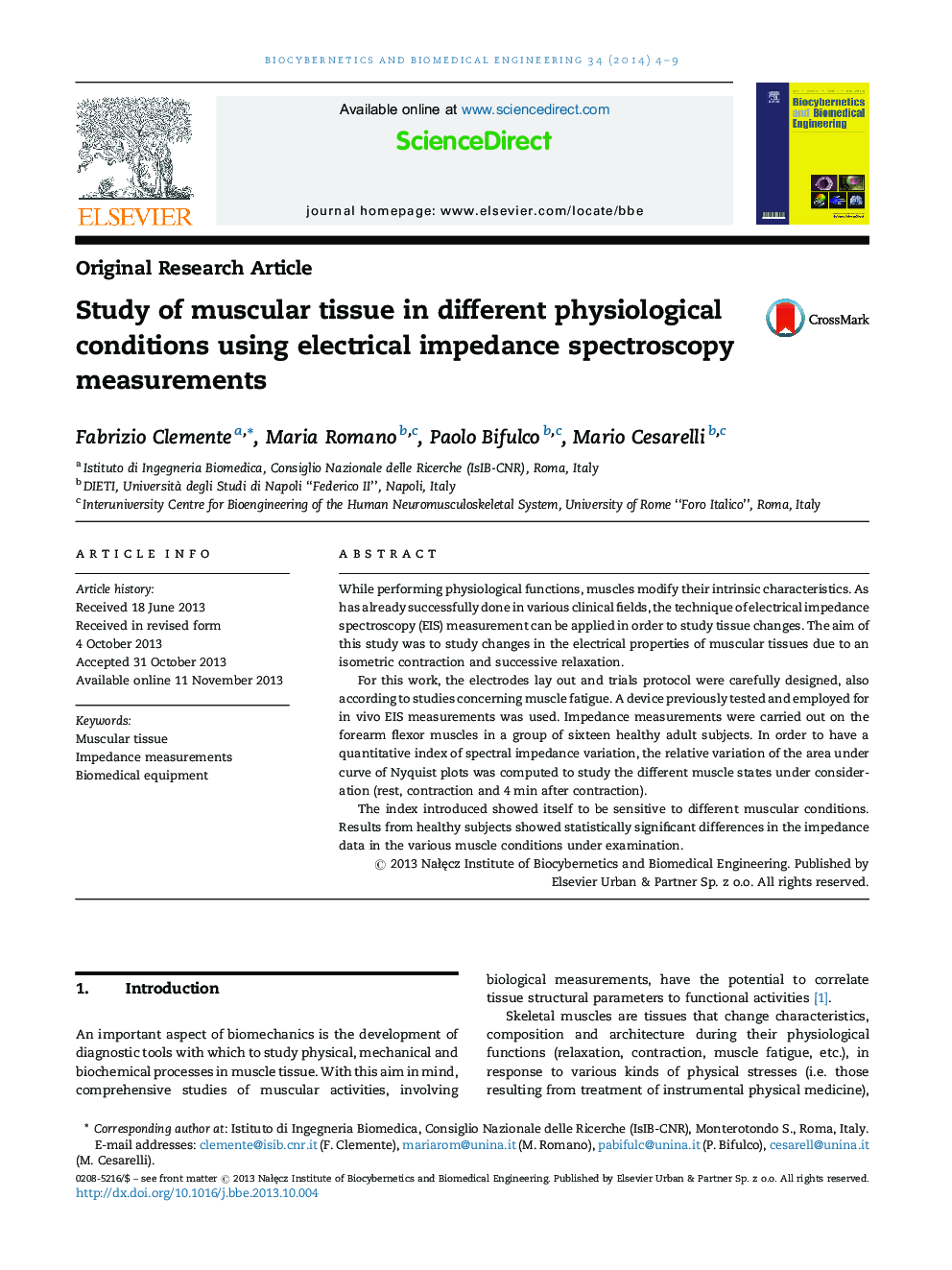 Study of muscular tissue in different physiological conditions using electrical impedance spectroscopy measurements