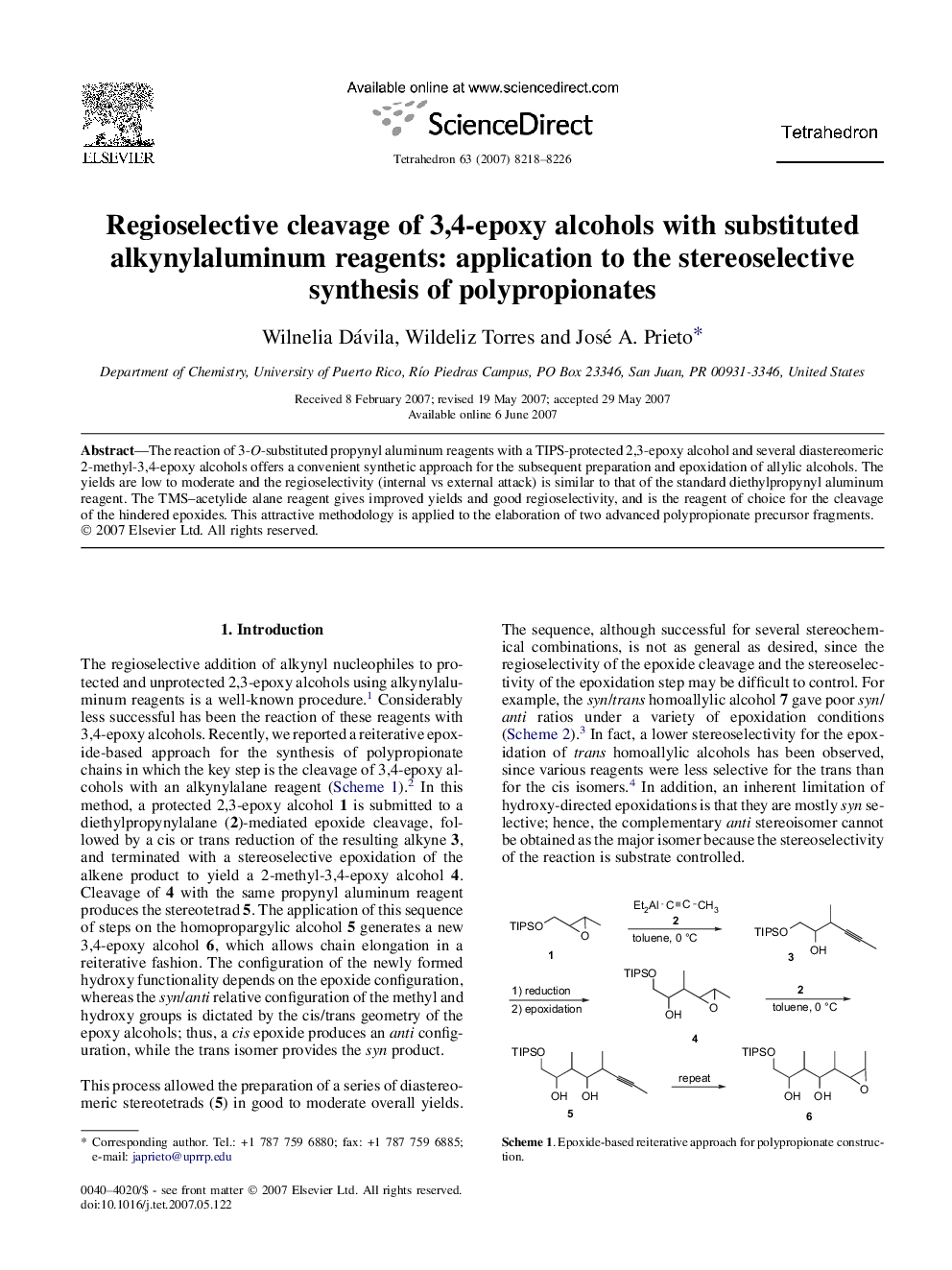 Regioselective cleavage of 3,4-epoxy alcohols with substituted alkynylaluminum reagents: application to the stereoselective synthesis of polypropionates