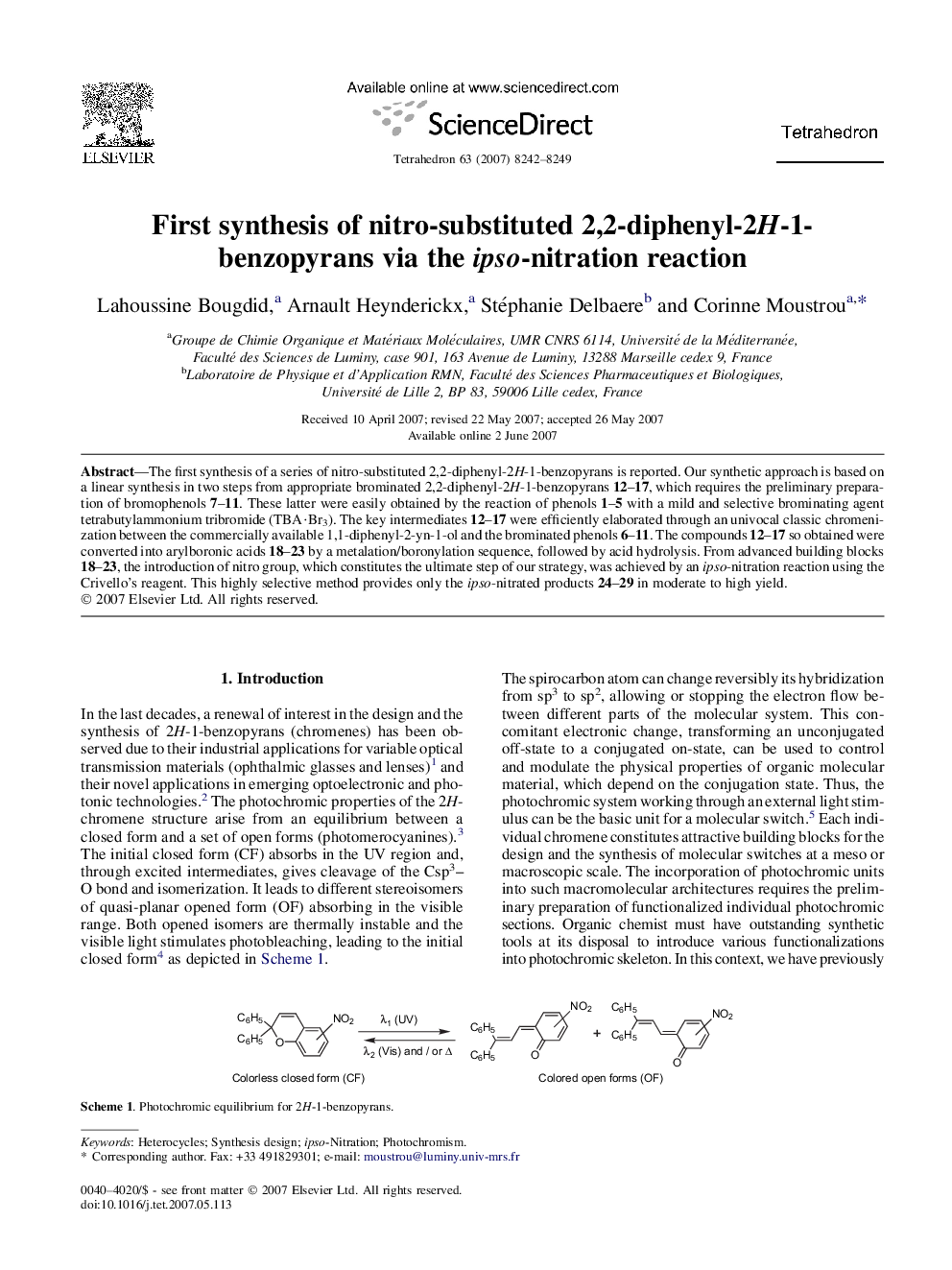 First synthesis of nitro-substituted 2,2-diphenyl-2H-1-benzopyrans via the ipso-nitration reaction