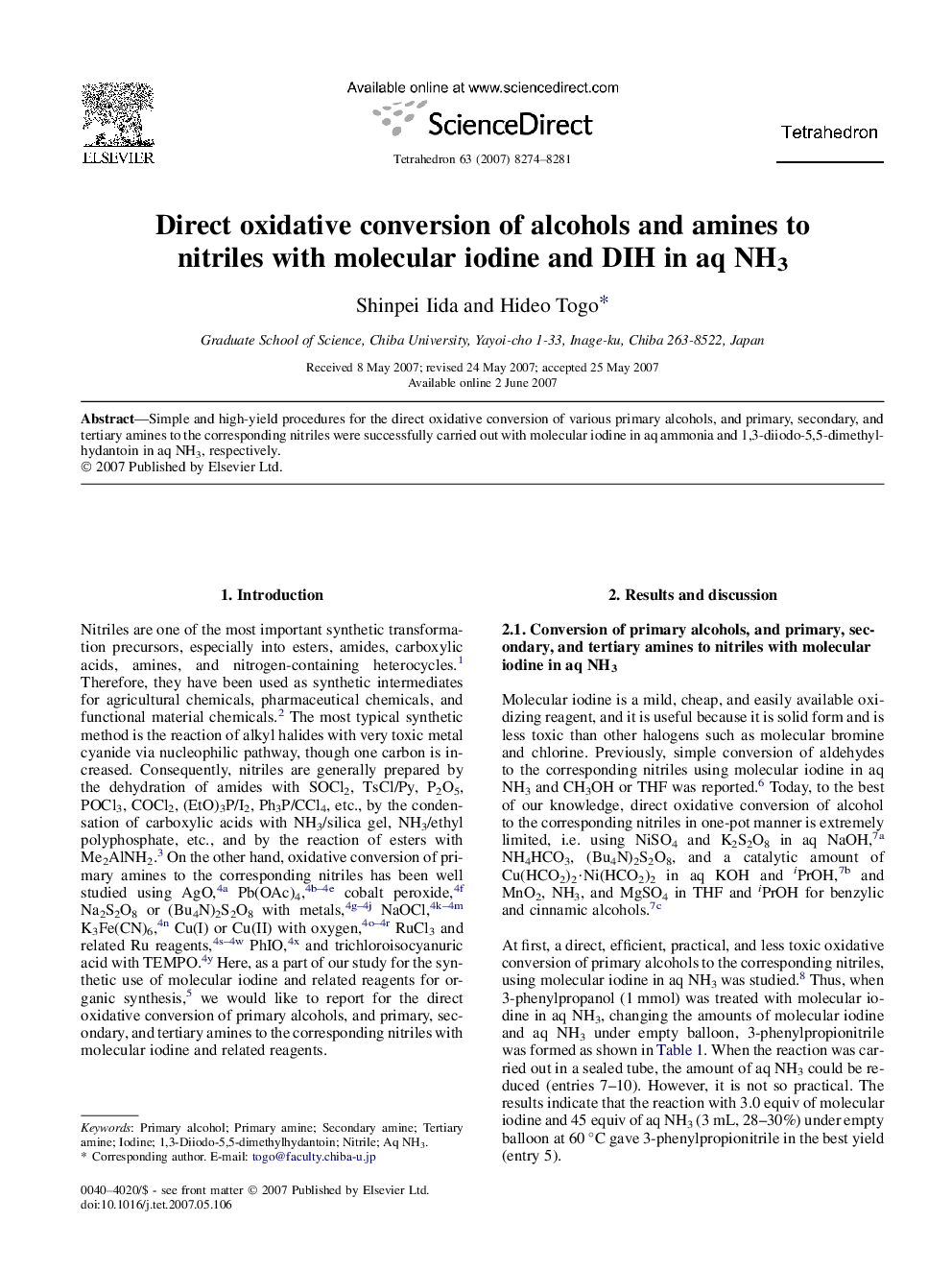 Direct oxidative conversion of alcohols and amines to nitriles with molecular iodine and DIH in aq NH3