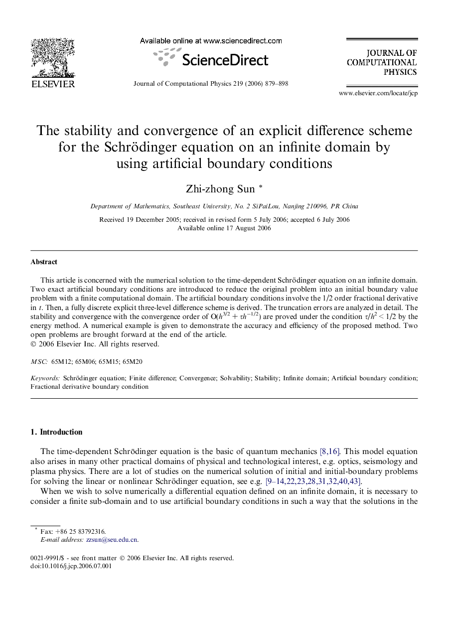 عکس صفحه اول مقاله: The stability and convergence of an explicit difference scheme for the Schrödinger equation on an infinite domain by using artificial boundary conditions The stability and convergence of an explicit difference scheme for the Schrödinger equation on an infinite domain by using artificial boundary conditions