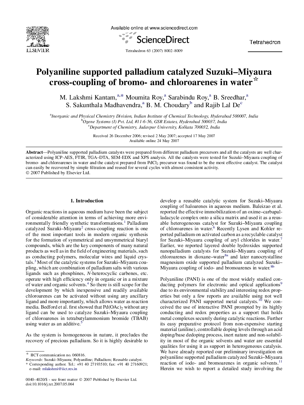 Polyaniline supported palladium catalyzed Suzuki-Miyaura cross-coupling of bromo- and chloroarenes in water