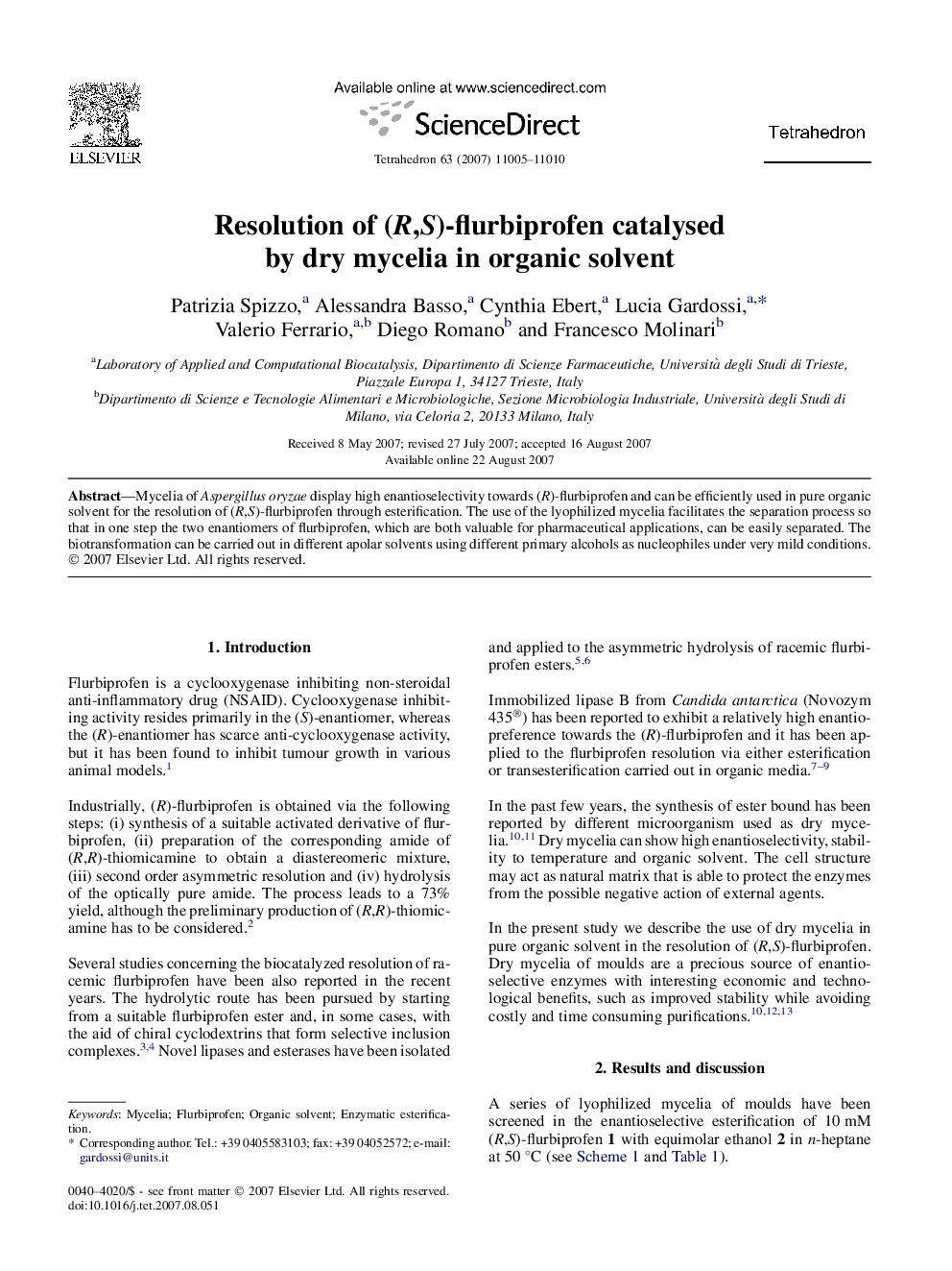 Resolution of (R,S)-flurbiprofen catalysed by dry mycelia in organic solvent