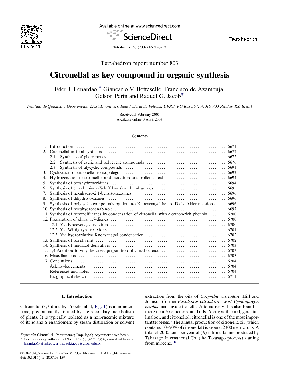 Citronellal as key compound in organic synthesis