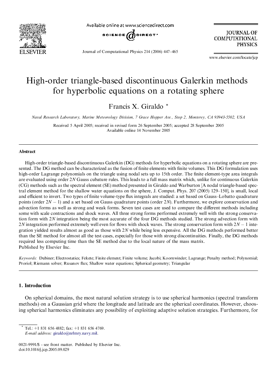 High-order triangle-based discontinuous Galerkin methods for hyperbolic equations on a rotating sphere