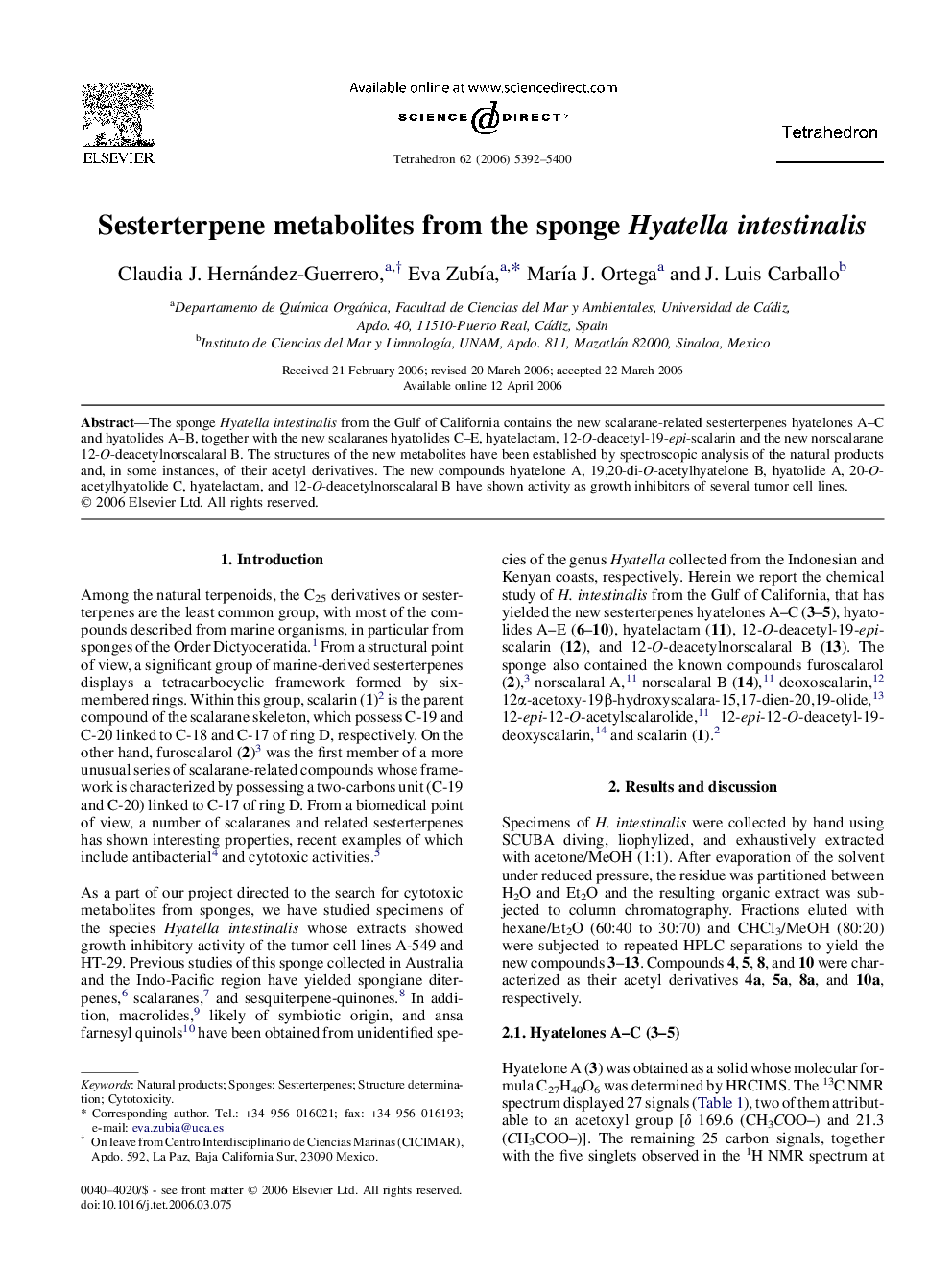 Sesterterpene metabolites from the sponge Hyatella intestinalis