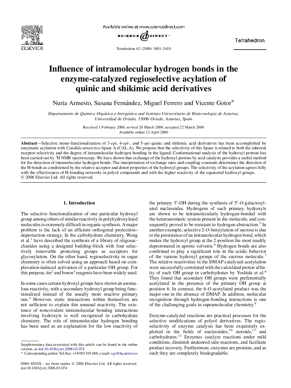 Influence of intramolecular hydrogen bonds in the enzyme-catalyzed regioselective acylation of quinic and shikimic acid derivatives