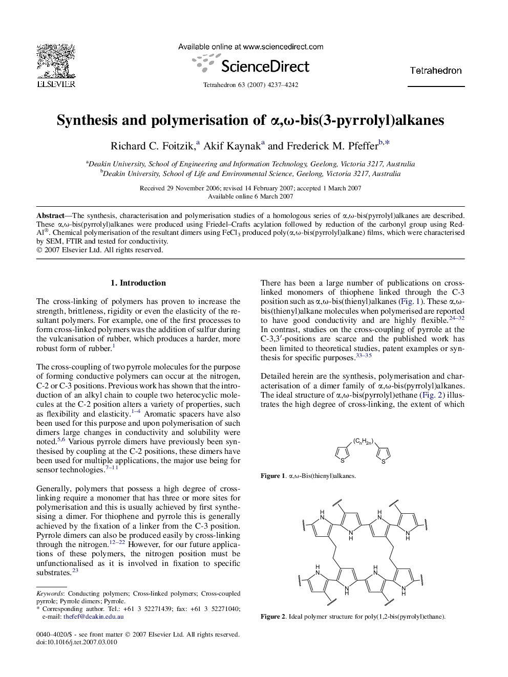 Synthesis and polymerisation of Î±,Ï-bis(3-pyrrolyl)alkanes