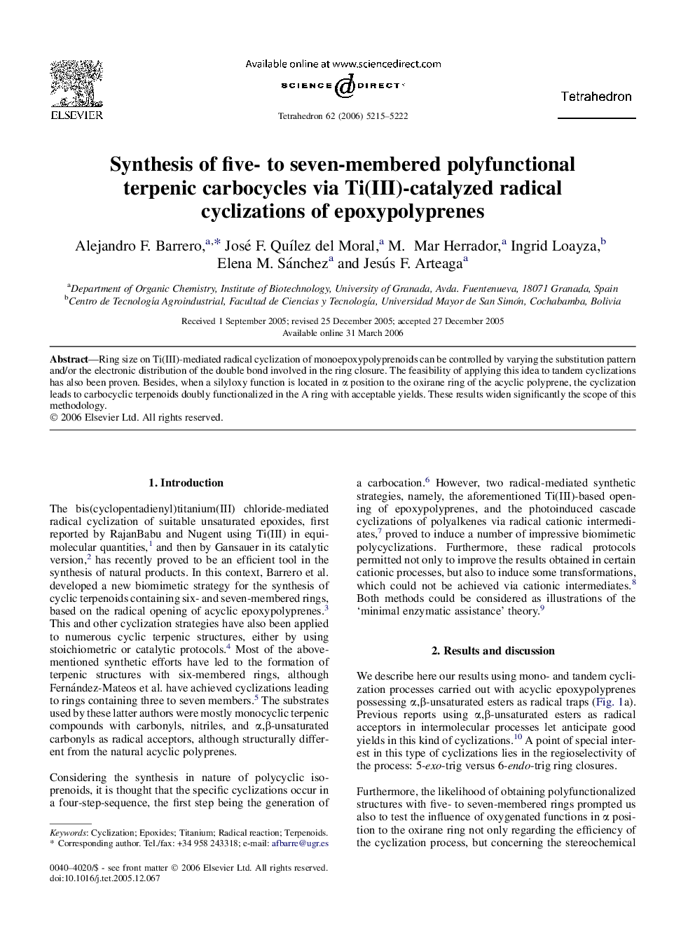 Synthesis of five- to seven-membered polyfunctional terpenic carbocycles via Ti(III)-catalyzed radical cyclizations of epoxypolyprenes