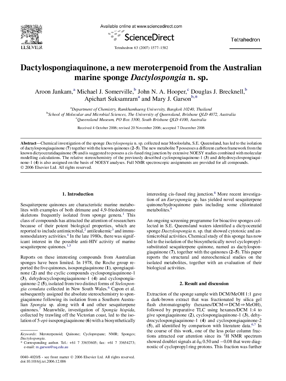 Dactylospongiaquinone, a new meroterpenoid from the Australian marine sponge Dactylospongia n. sp.