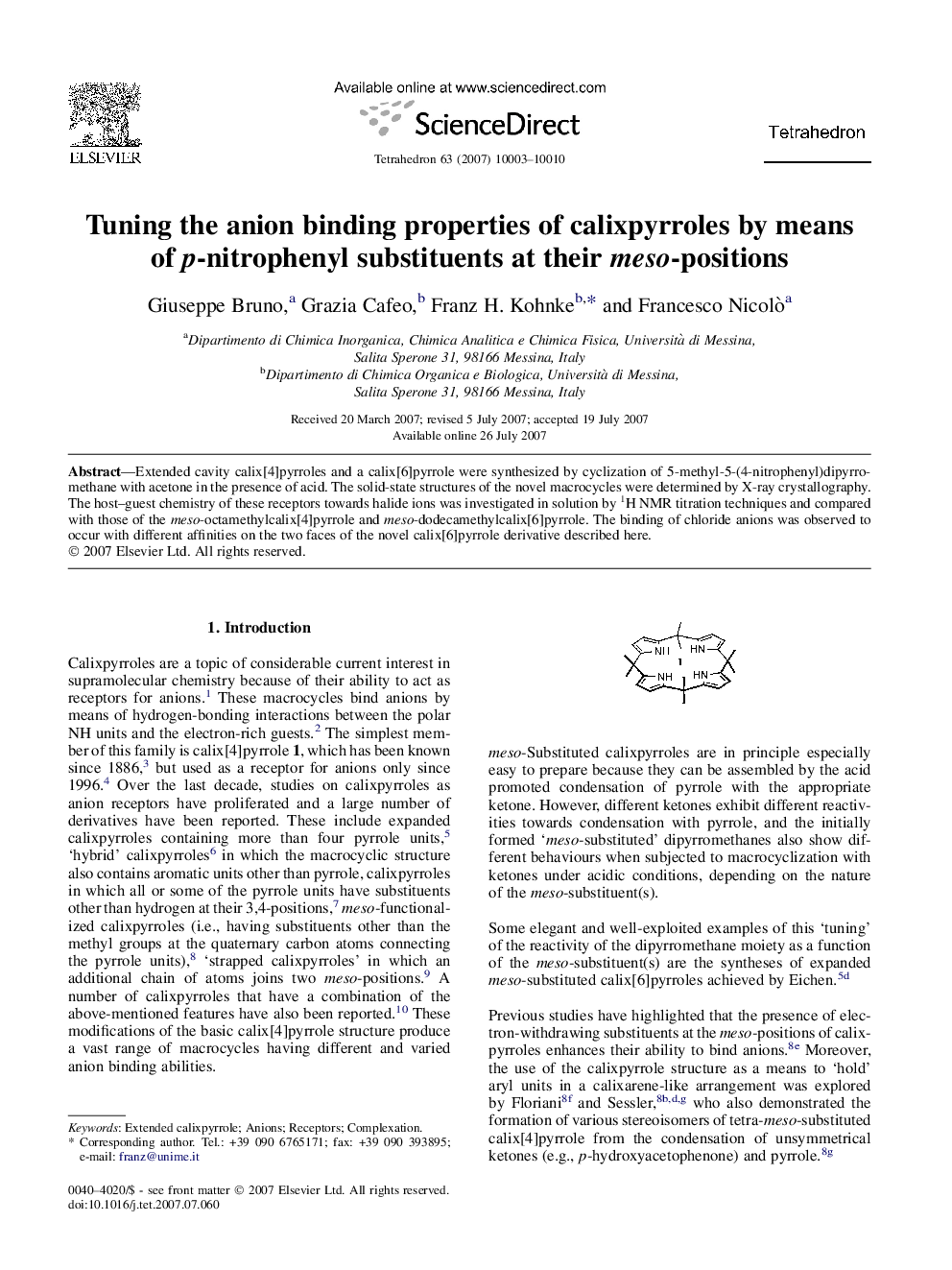 Tuning the anion binding properties of calixpyrroles by means of p-nitrophenyl substituents at their meso-positions