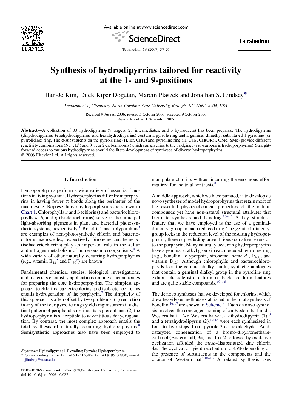 Synthesis of hydrodipyrrins tailored for reactivity at the 1- and 9-positions