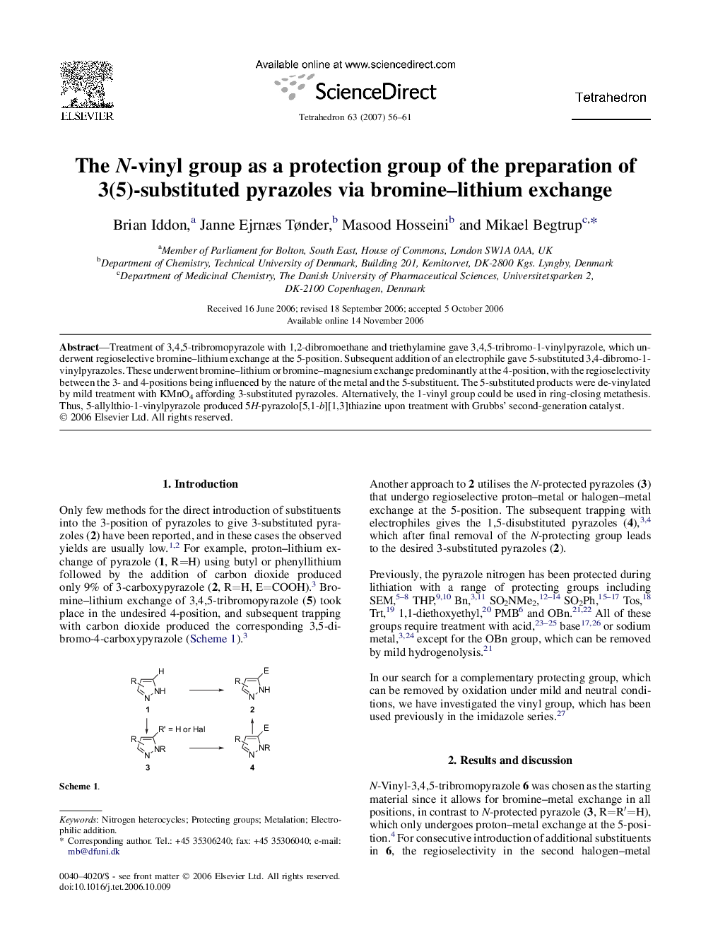 The N-vinyl group as a protection group of the preparation of 3(5)-substituted pyrazoles via bromine-lithium exchange