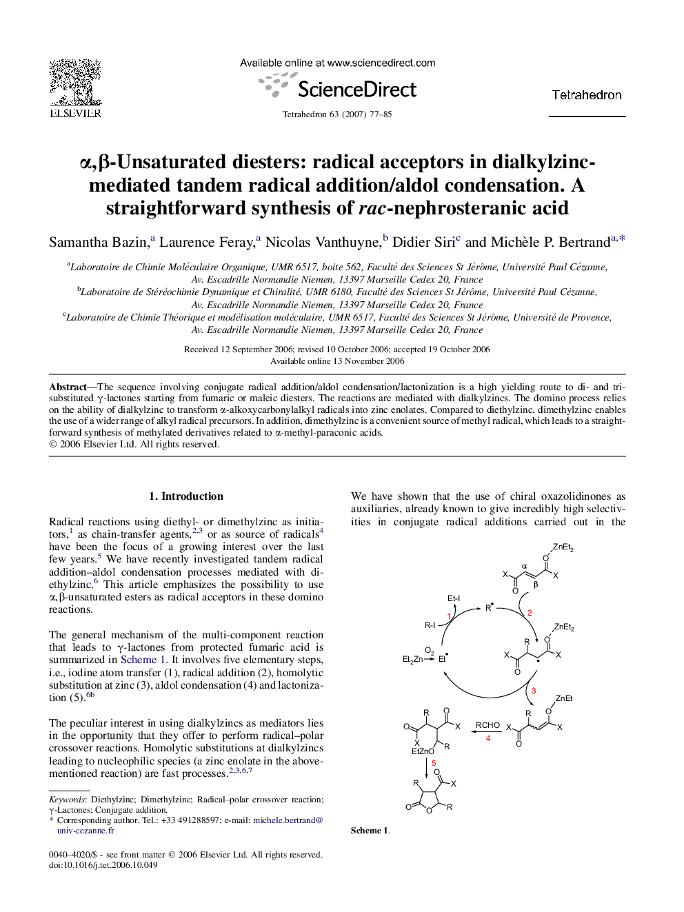 Î±,Î²-Unsaturated diesters: radical acceptors in dialkylzinc-mediated tandem radical addition/aldol condensation. A straightforward synthesis of rac-nephrosteranic acid