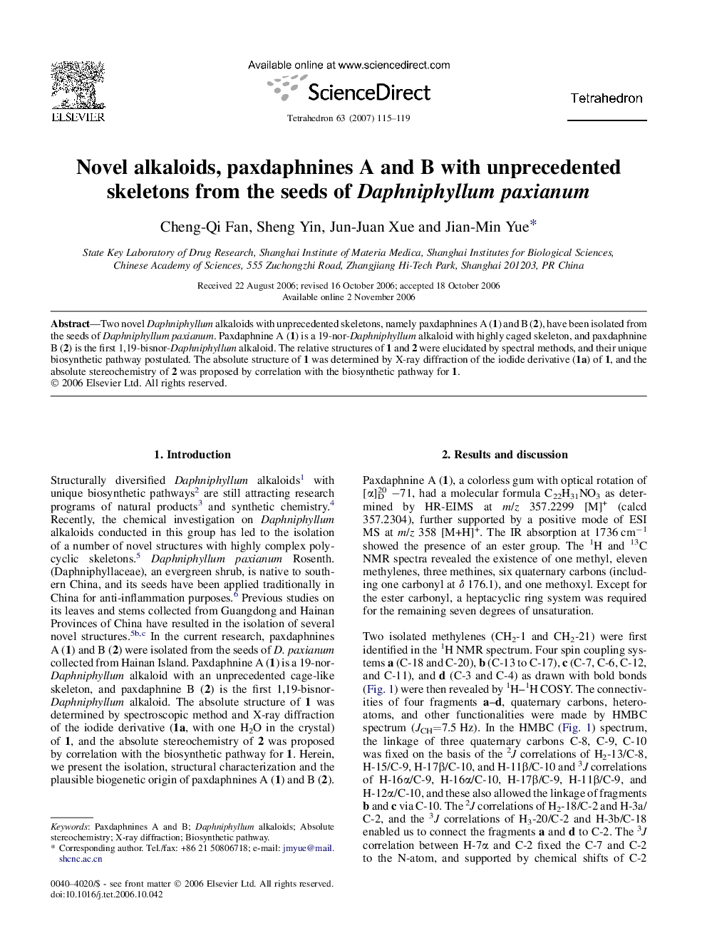 Novel alkaloids, paxdaphnines A and B with unprecedented skeletons from the seeds of Daphniphyllum paxianum