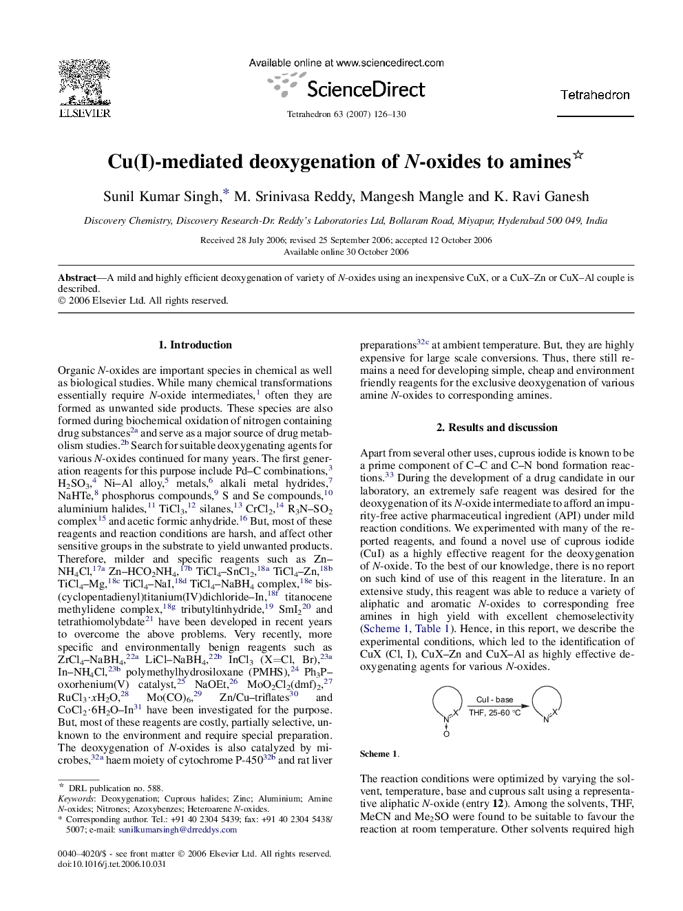 Cu(I)-mediated deoxygenation of N-oxides to amines