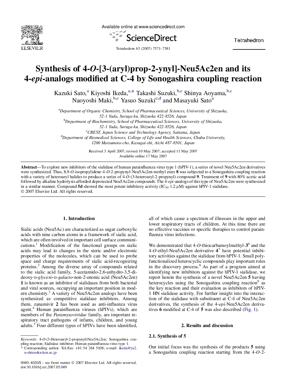 Synthesis of 4-O-[3-(aryl)prop-2-ynyl]-Neu5Ac2en and its 4-epi-analogs modified at C-4 by Sonogashira coupling reaction