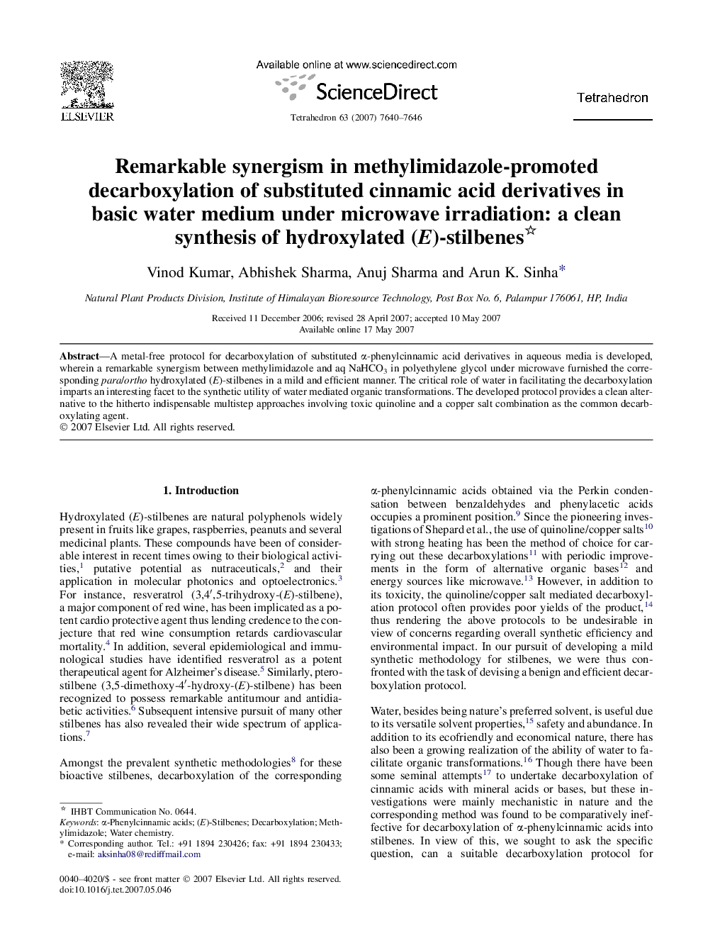 Remarkable synergism in methylimidazole-promoted decarboxylation of substituted cinnamic acid derivatives in basic water medium under microwave irradiation: a clean synthesis of hydroxylated (E)-stilbenes